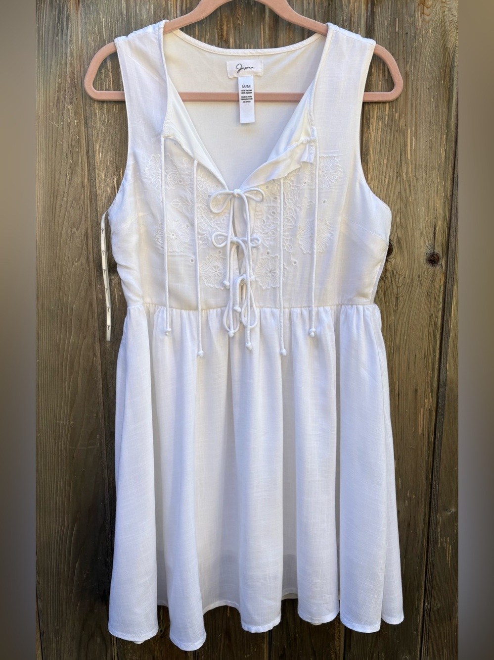 Japna White Mini Dress Medium Sleeveless Lace Up Embroidered Festival Boho